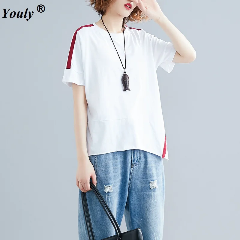 Simple Large Asymmetric Ribbon Cotton Loose Casual T-shirt Women Summer Red and White Split Bottom Top Tees