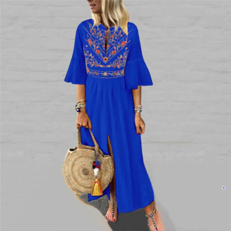 Синий Для женщин Летнее Boho праздничное платье-халат вечерние Повседневное белье отложной воротник свободное платье - Цвет: Синий