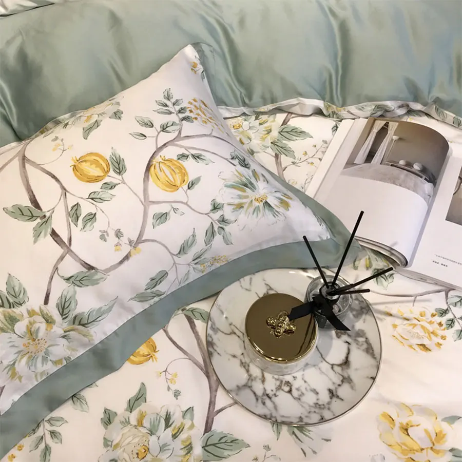 安い ヨーロッパアメリカ寝具セット十代の子女の子、フル、クイーン、キンググリーン黄色ダブルホームテキスタイルベッドシート枕ケースキルトカバー