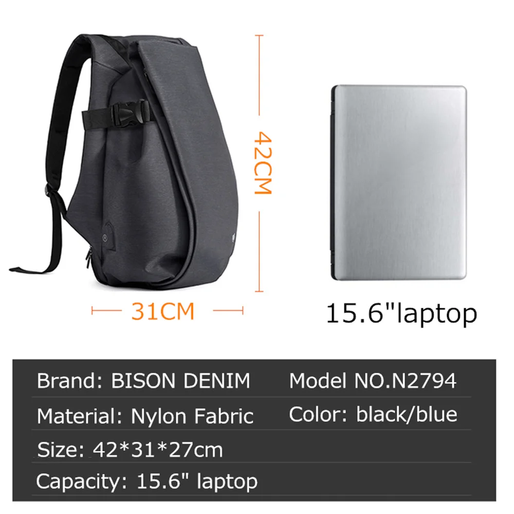 BISON DENIM мужской рюкзак для 15,6 дюймов, рюкзак для ноутбука, USB, Большой Вместительный модный рюкзак для подростков, рюкзак N2794