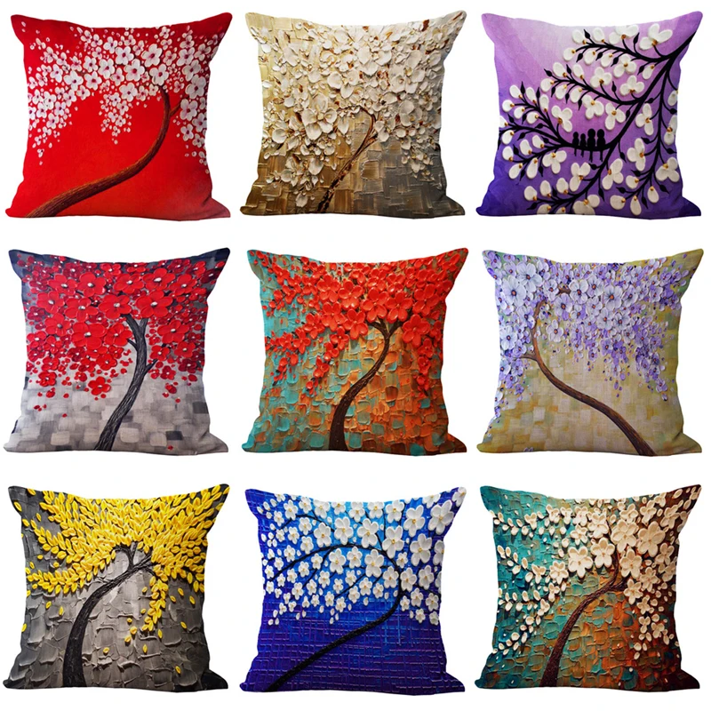 

2019 New 45x45cm 3D vintage throw pillows case Oil painting tree Flowers Polyester for home Decorative Pillowcase
