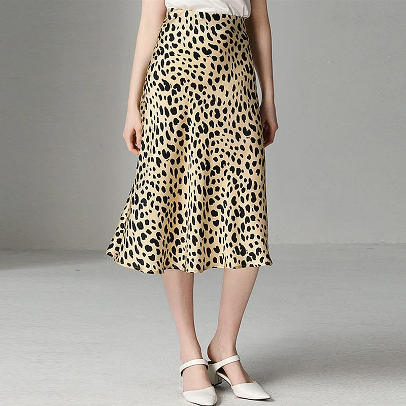 Юбки Женские простой дизайн с леопардовым принтом из 100% шелка эластичной талией