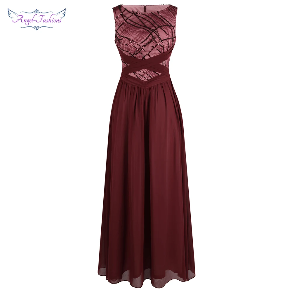 Angel-fashions женские длинные гофрированные шифоновые платья трапециевидной формы с круглым вырезом, пайетками и перекрещивающимися крест-накрест, винно-красные J-190523-S