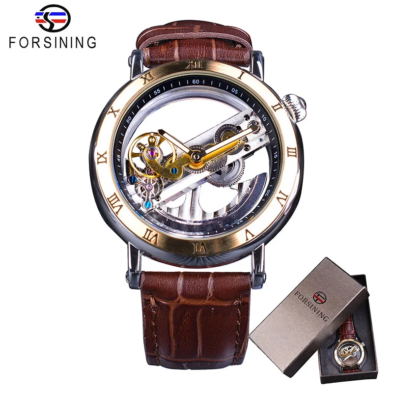 Forsining Gift Box Forsining двухсторонние прозрачные коричневые кожаные водонепроницаемые автоматические мужские часы лучший бренд класса люкс Скелет креативные наручные часы - Цвет: Forsining Gift Box