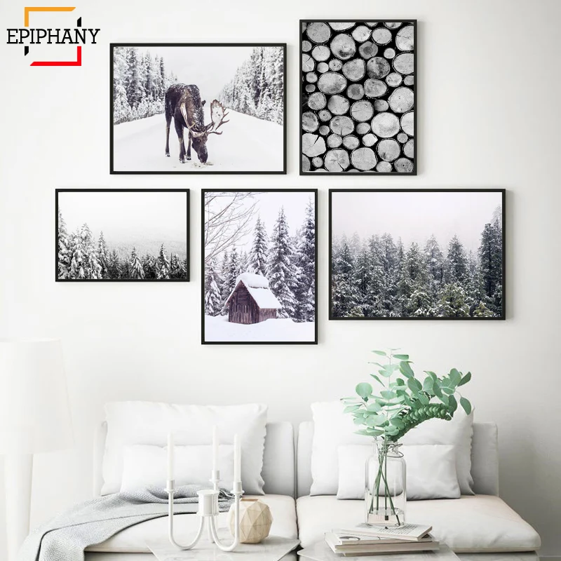 Christmas Wall Decor Winter Wall Art Prints Snow Covered Pine Trees Moose Reindeer Canvas Painting Wall Pictures for Room Decor
