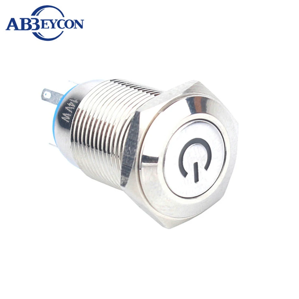

16mm latching Flat round head led power logo illuminated ON-OFF switch metal shell pin terminal 12V Blue led push button switch
