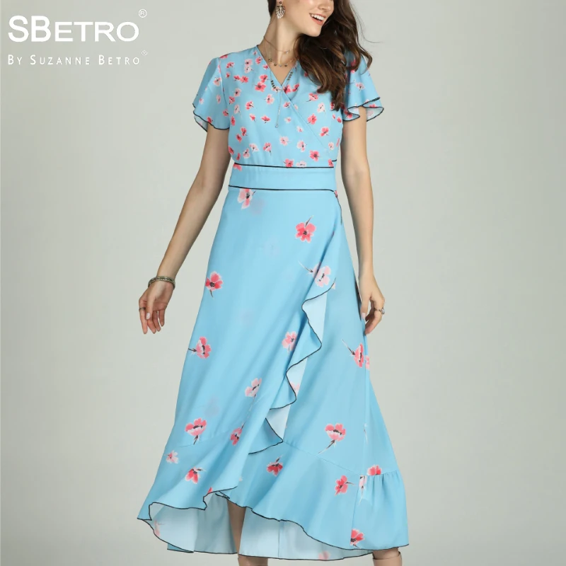 SBetro Платье макси с принтом женское платье контрастными краями и рукавами