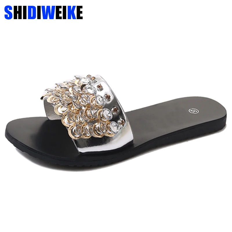 Блестящие летние туфли 2019 г. женские модные крутые шлёпанцы на плоской подошве со