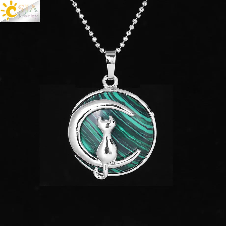 Malachite CSJA, Новое поступление, женское ожерелье, кошка на Луне, натуральный камень, кристалл, подвеска, подвески, твердый корпус, котенок, талисманы, ювелирные изделия F341 - Окраска металла: Malachite