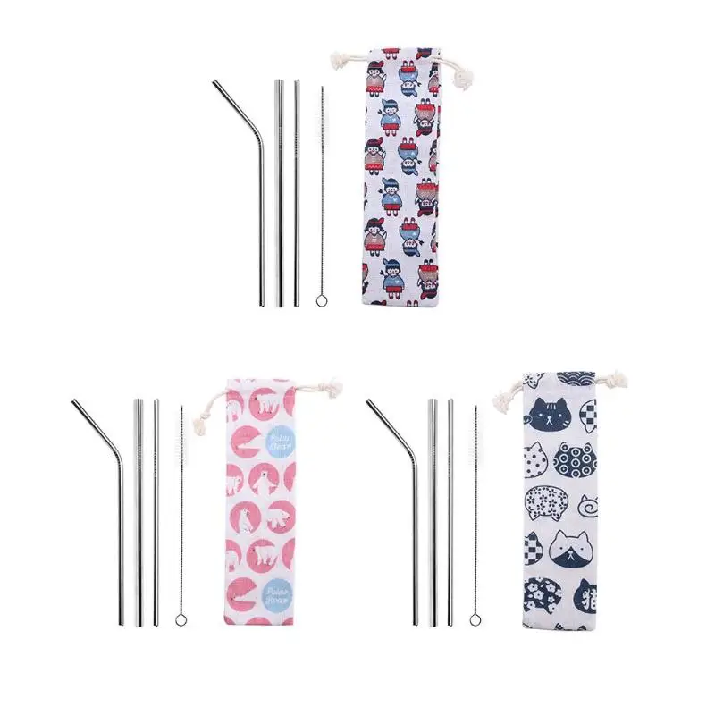 5 шт./лот прямые изогнутые соломинки из нержавеющей стали чистящая щетка с сумкой