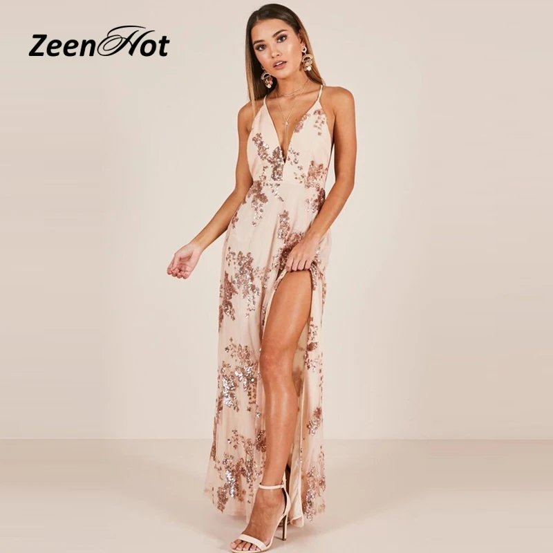 Модное Вечернее платье макси на бретельках с глубоким V-образным вырезом