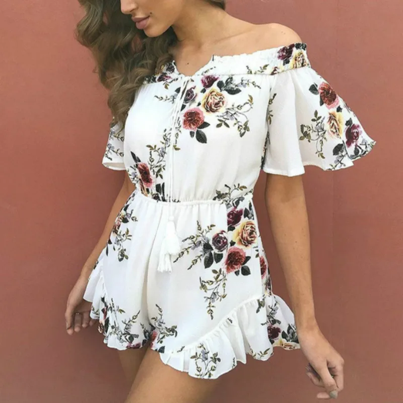 Модные Цветочный принт комбинезон Для женщин Off Shoulder Playsuit завернутый без