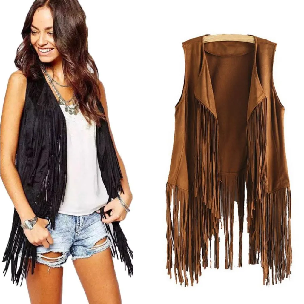 

Women vest Faux Suede Ethnic Sleeveless jacket Tassels Fringed Vest Cardigan open stitch Autumn d90625