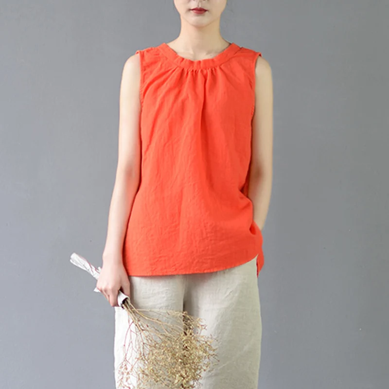 Orange SCUWLINEN, женские летние топы, одноцветные, рами, свободные безрукавки, топы, Vestidos, повседневные женские блузки S359 - Цвет: Orange