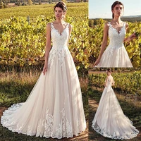 elegant tulle v neck neckline a line wedding dresses with lace appliques nude pink bridal gowns vestido de noiva