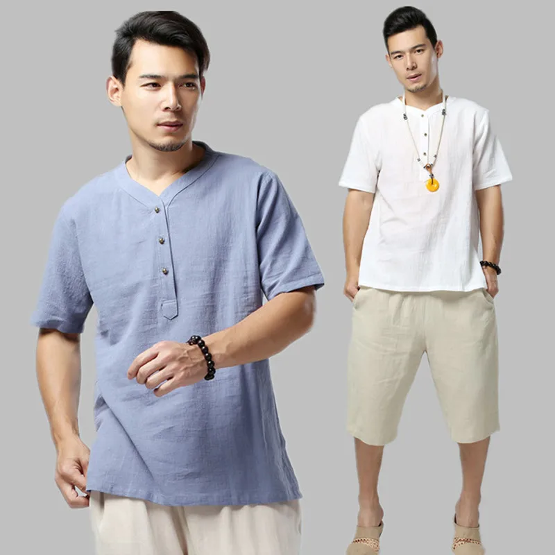 Мужская Однотонная футболка из хлопка и льна тонкая Повседневная с медными