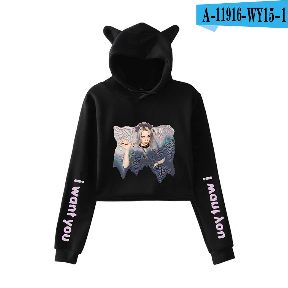 Billie Eilish Кепка с кошачьими ушками сексуальные толстовки модный тренд короткий кошачий Топ Женская толстовка с принтом сексуальная одежда Kpop - Цвет: black