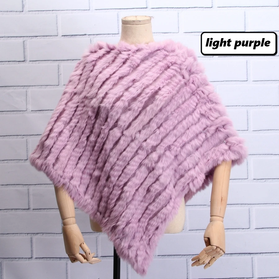 light purple ZDFURS* Настоящий вязаный кроличий мех пончо обёрточная бумага пашмины шарфы женский вечерний пуловер натуральный кроличий мех шаль треугольная накидка - Цвет: light purple