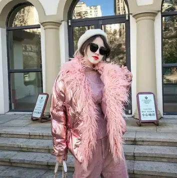 pink Зимние Для женщин вниз хлопковая куртка серебряный глянцевый Искусственный Мех Овцы пальто хлопка сплошной свободные Теплая парка Женская Лоскутная Верхняя одежда L1750 - Цвет: pink