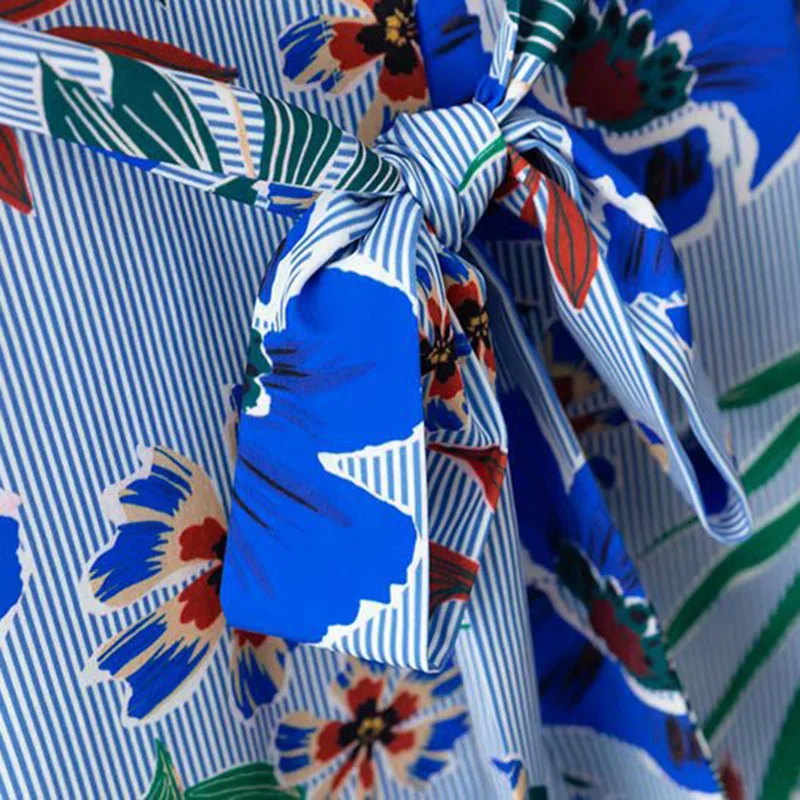 JuneLove 2020 summer cotton ladies casual floral striped print a line dress sashes turn down collar vestidos | Женская одежда