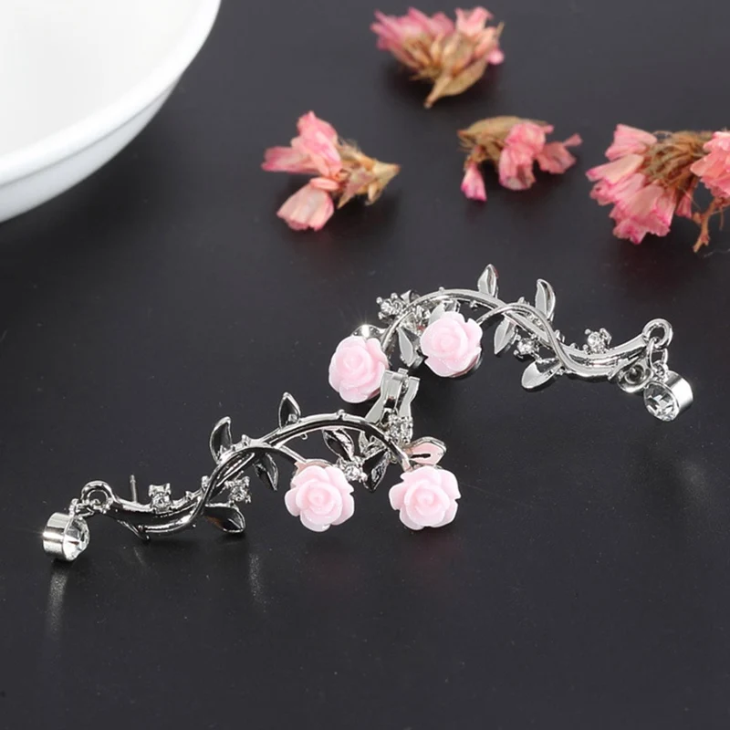 Женские серьги в виде ветки розы антиаллергические из сплава с жемчугом вечерние