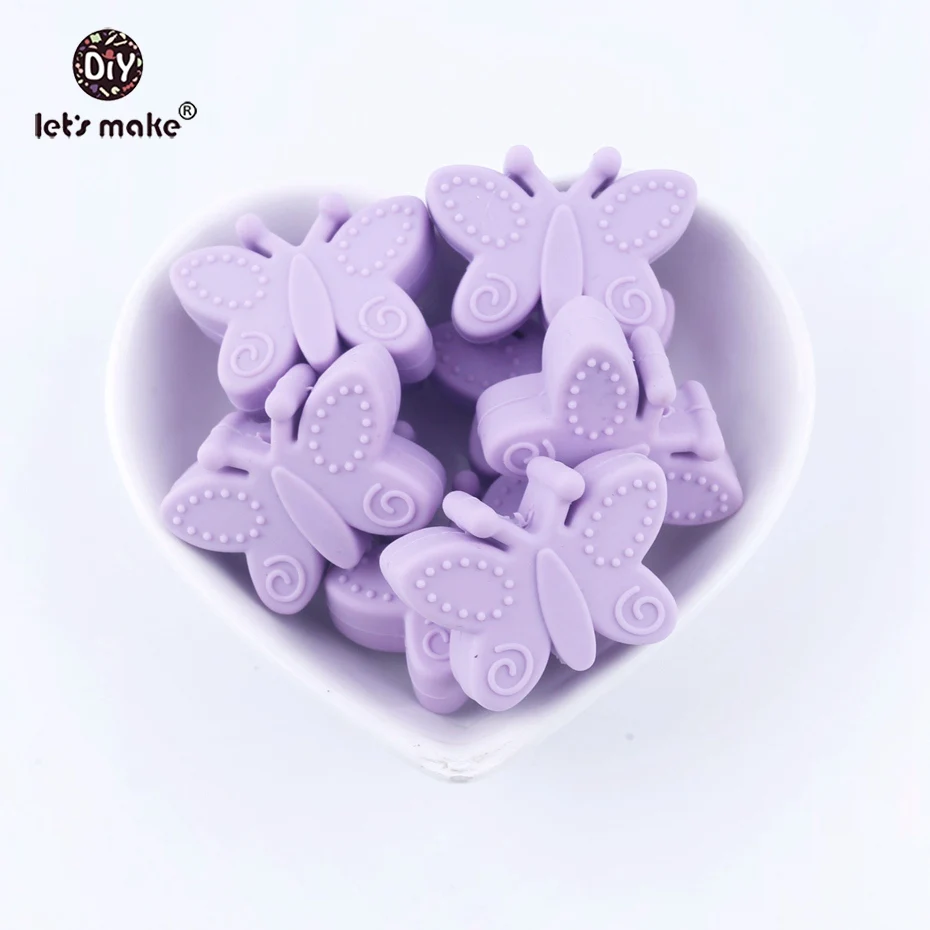 butterfly light purp Давайте изготовим Силиконовые Прорезыватели в виде бабочек, 10 шт., без бисероплетения, силиконовые бусины, картонная коробка, сделай сам, мобильная детская коляска, Детские Прорезыватели - Цвет: butterfly light purp