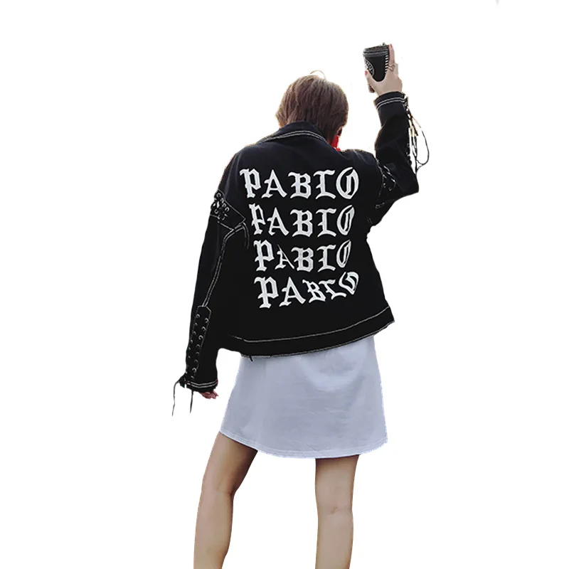 2018 Весна Harajuku принт PABLO Женская одежда Джинсовые куртки Красный tieback с длинным