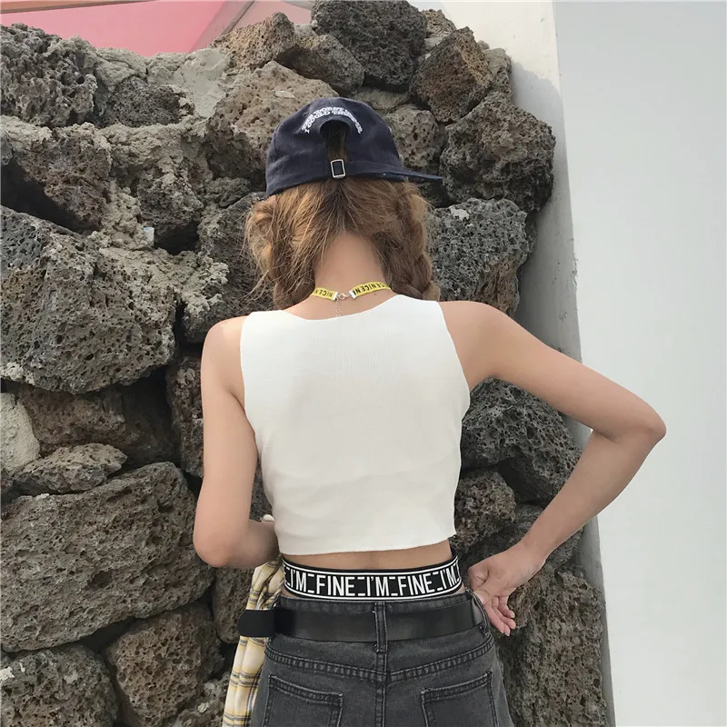 Summer new womens short tops sleeveless letters print t shirts korean style v neck sexy crop ladies casual female | Женская одежда