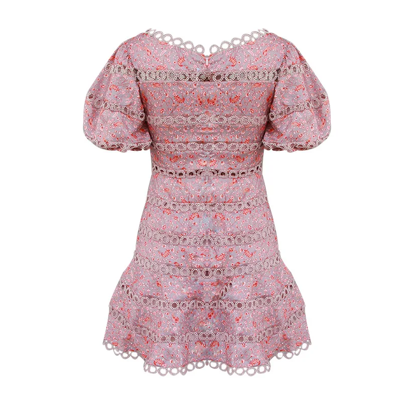 2019 Лето Новая мода пышные рукава полые вышивка шить праздничное платье печать