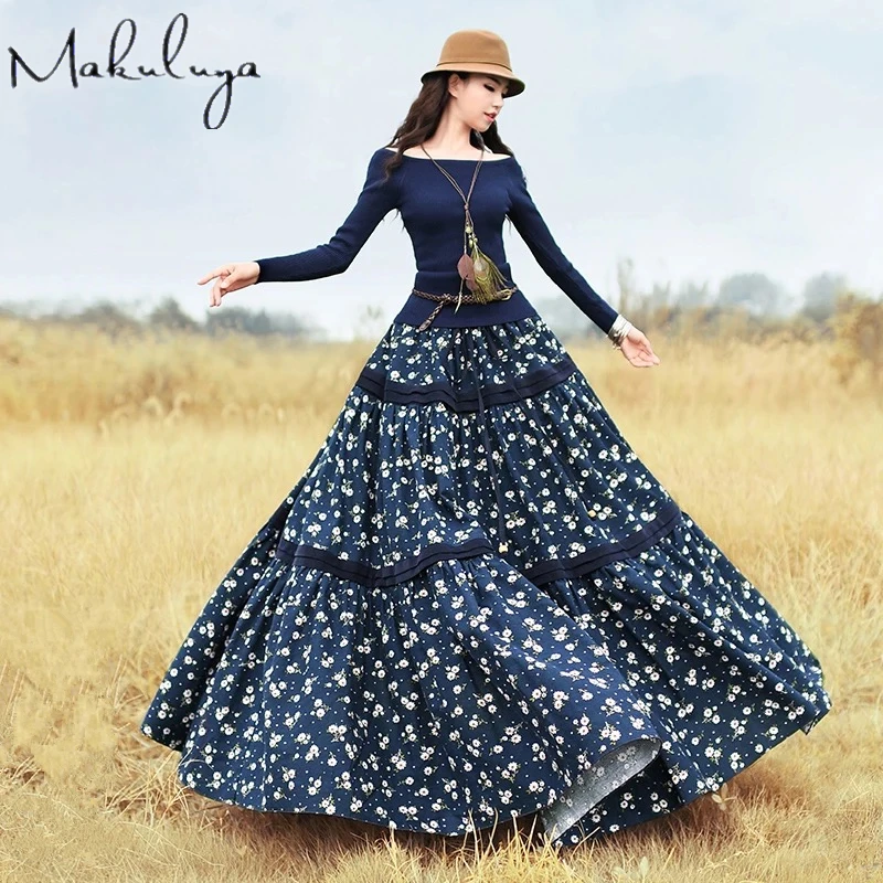 Makuluya женские богемные шикарные сельские длинные юбки для девушек с цветочным