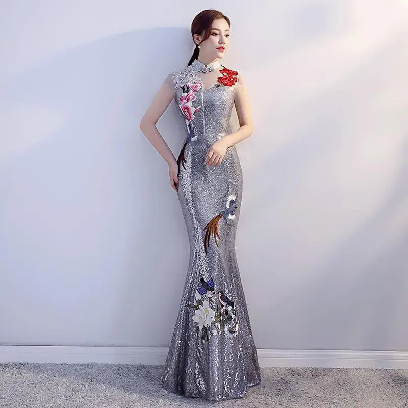 Серый воротник Мандарин леди полная длина Qipao цветок элегантный сценическое шоу Cheongsam Sequins сексуальное платье Русалка вечернее платье - Цвет: Серый