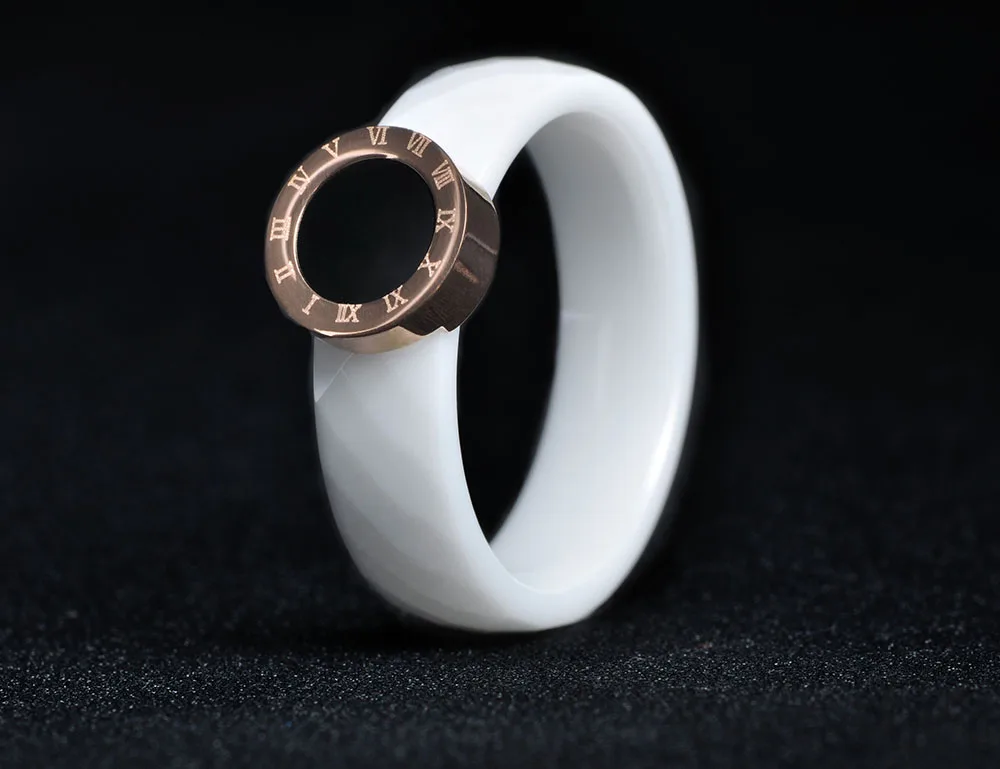 JeeMango Roman Numerals Ring Jewelry For Women Rose Gold Color Ceramic Titanium Steel Wedding Rings Anneaux R17159 | Украшения и