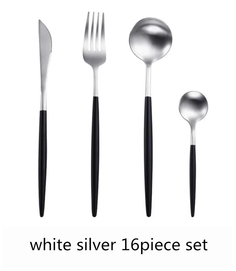 silver 16pcs set Португалия с острым концом Набор столовых приборов черная ручка набор столовых приборов Золото Серебро Цвет Западная посуда вилка, нож, ложка палочки для еды - Цвет: silver 16pcs set