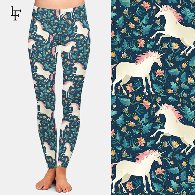 LETSFIND Модные женские черные леггинсы с высокой талией принтом единорога для