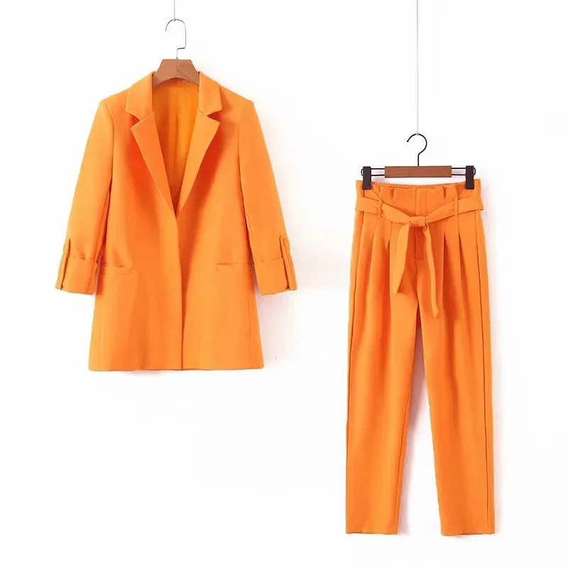

Women's suit new fashion orange long-sleeved jacket with pants set two-piece women's business casual suit