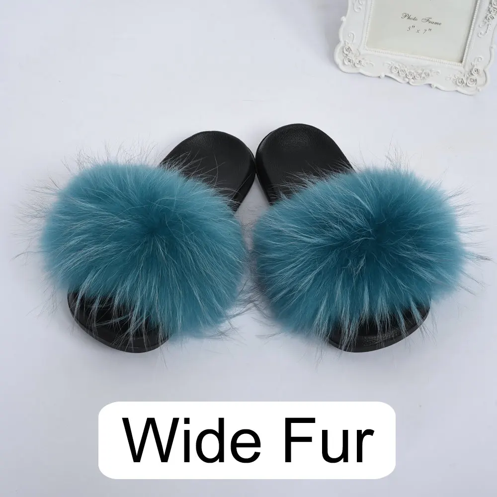 Raccoon Peacock Blue CCFUR/женские тапочки с мехом енота; женские модные пушистые Шлепанцы из натурального меха; женские Ползунки из натурального меха; S6046 - Цвет: Raccoon Peacock Blue