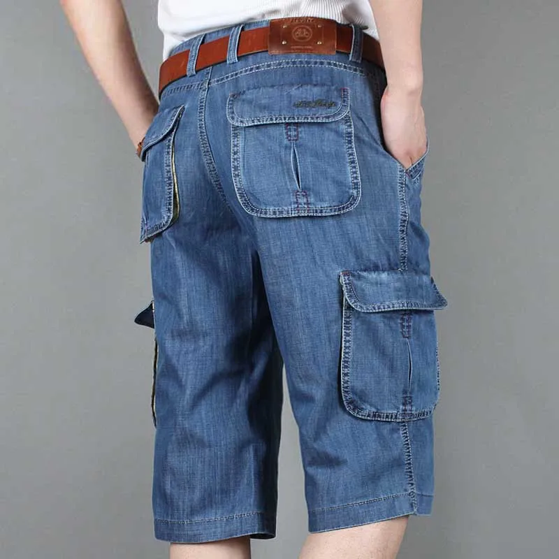 Jeans Blue Новые летние Брендовые мужские джинсы Джинсовые шорты Хлопковые Бриджи большой карман свободные мешковатые широкие брюки вышивка Бермуды для пляжа Boardshort - Цвет: Jeans Blue