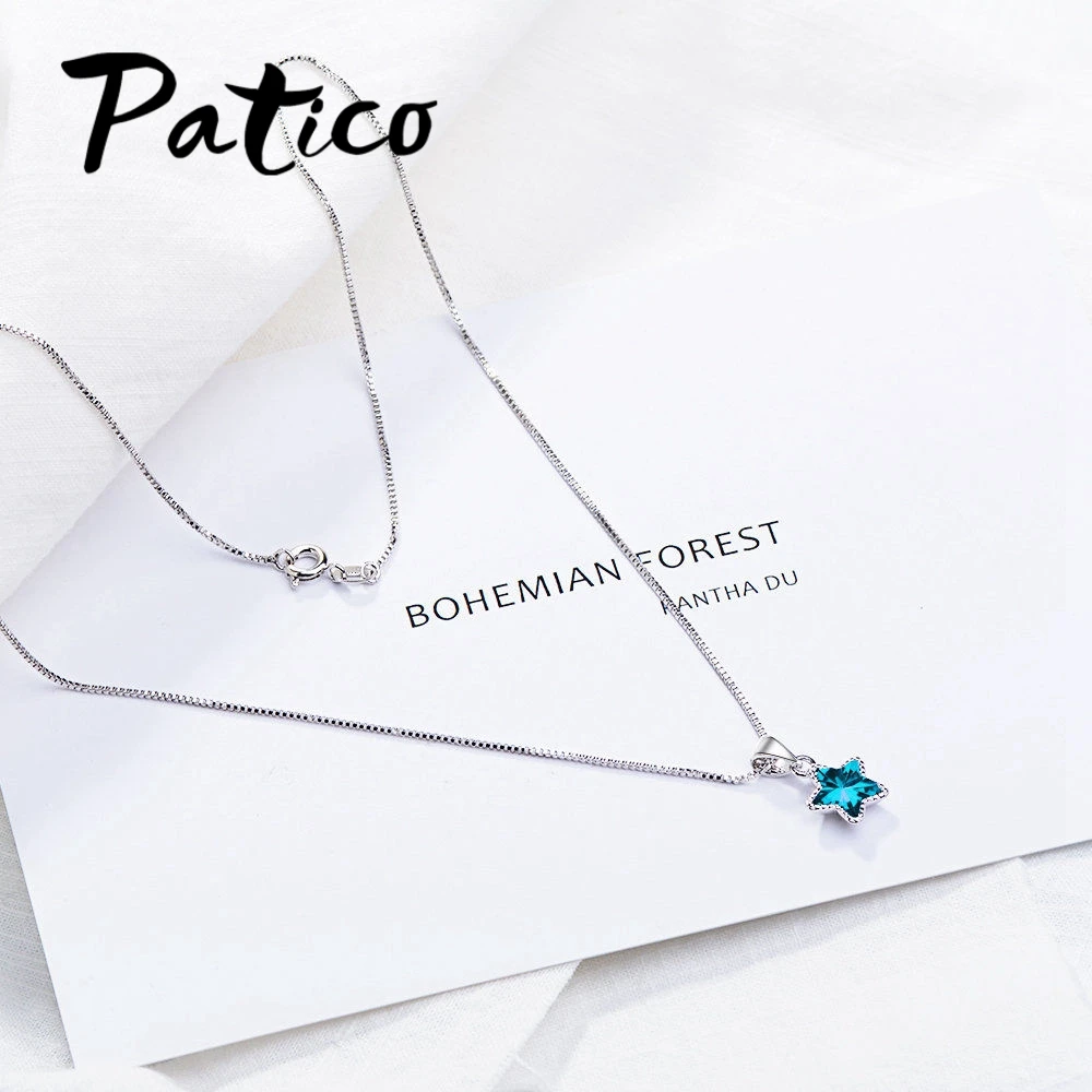 Fashion 925 Sterling Silver Necklace For Women Jewelry Charm Blue Star Crystal Pendants Accessories Party Girl Lady | Украшения и