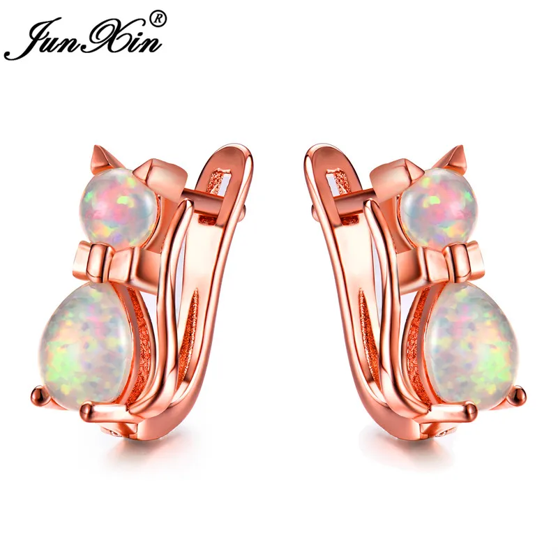 

Cute Female Small Cat Hoop Earrings Blue Purple Pink White Fire Opal Earrings For Women Silver Color Rose Gold Earrings