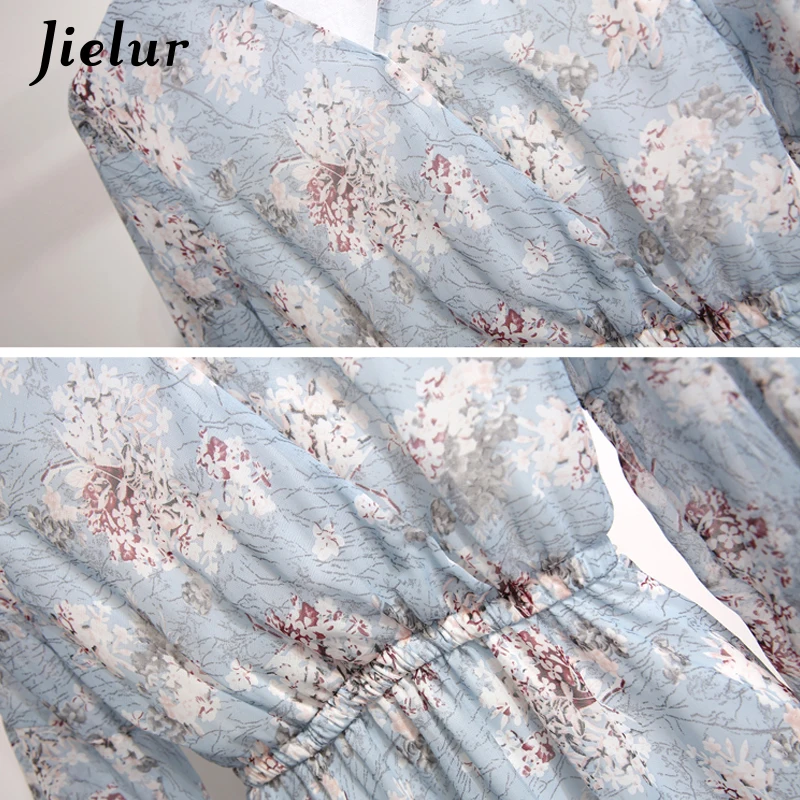 Jielur Elegant V-neck Flare Sleeve Women White Dress Summer Chiffon Ruffles Floral Print A-line Slim Elastic Midi Vestidos | Женская