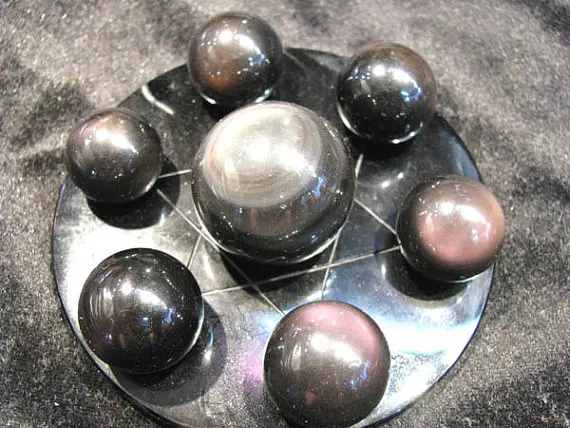 

20-60mm 8sets natural Obsidian Sphere crystal round ball bottle carved rainbow obsidian gemstone +obsidian disc