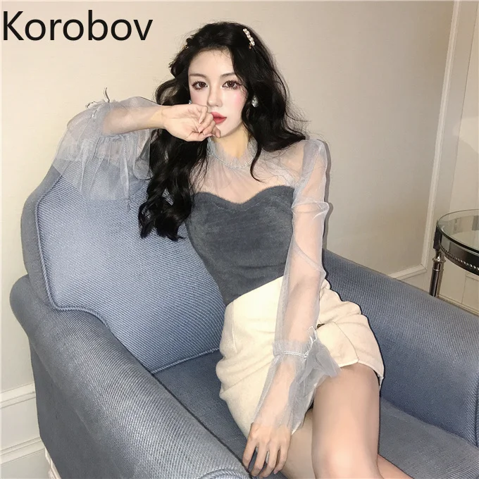 Коробов 2019 Весна сетка пэчворк для женщин Blusas перспектива элегантные рубашки в