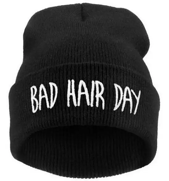 Модные шапки унисекс с надписью «Bad Hair Day», шапки-бини для мужчин и женщин, зимние шерстяные теплые Повседневные вязаные растягивающиеся шапки Skullies - Цвет: Черный