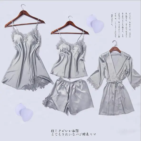 gray Fdfklak 5 шт. Для женщин Пижама, Пижама, одежда для сна сексуальная пижама женская шелковая для сна; детская пижама с принтом с сезон: весна–лето дома ClothesQ1274 - Цвет: gray