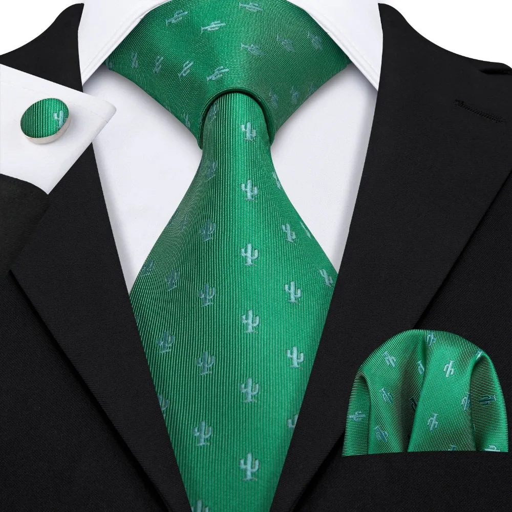 

2019 Barry.Wang New Green Cactus Pattern 100% Silk Ties Gifts For Men Wedding Party Business Luxury Brand Neckties Sets LS-5119