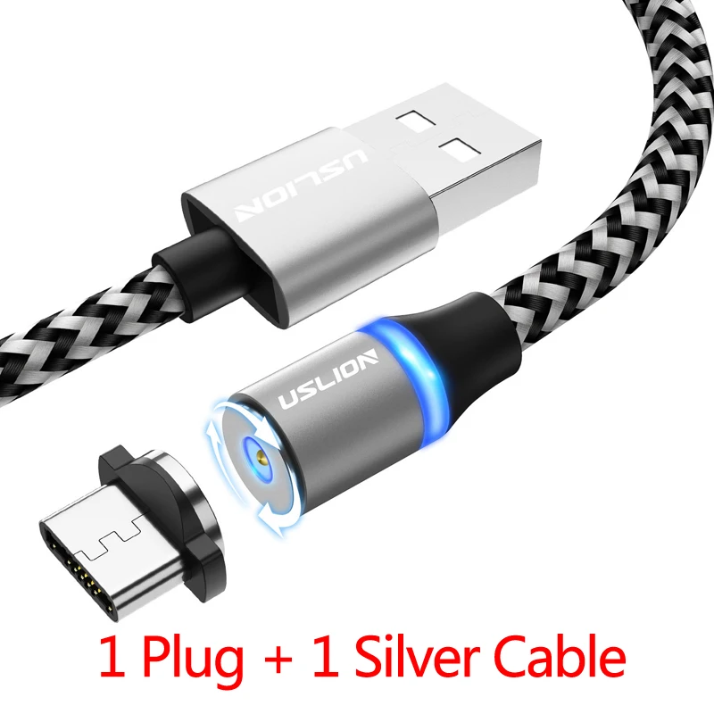 Silver USLION Магнитный кабель 1 м светодиодный Тип C Магнит Micro USB Зарядное устройство кабель для samsung S10 iPhone X XS Max XR 7 8 6 мобильный телефон кабель с разъемом usb-c - Цвет: Silver