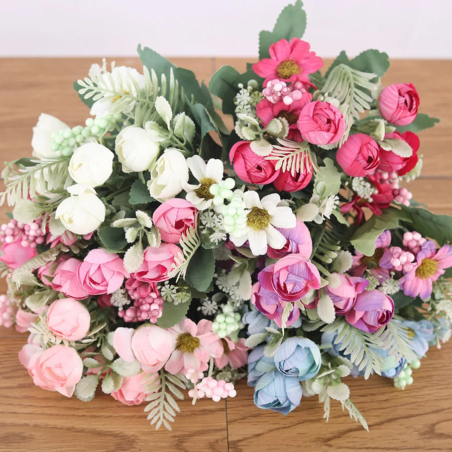

10 Heads Artificial Rose Small Flowers Bouquet Silk Fake Flowers Wedding Home Decoration Faux Palm Leaves Decor Pink White Blue