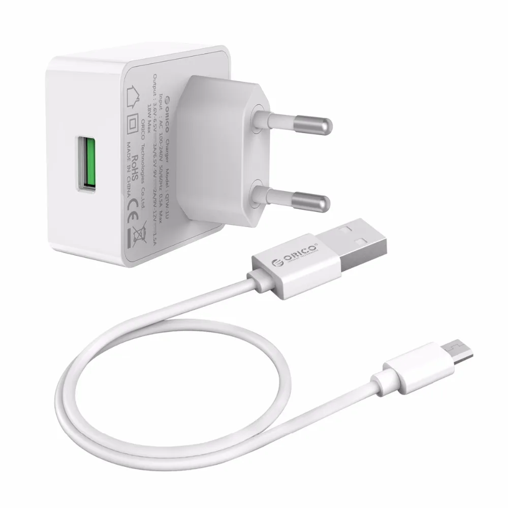 ORICO QC зарядное устройство для телефона Quick Charge 3,0 18 Вт Быстрое USB зарядное устройство для iPhone XS samsung S10+ Xiaomi huawei с бесплатным микро USB кабелем