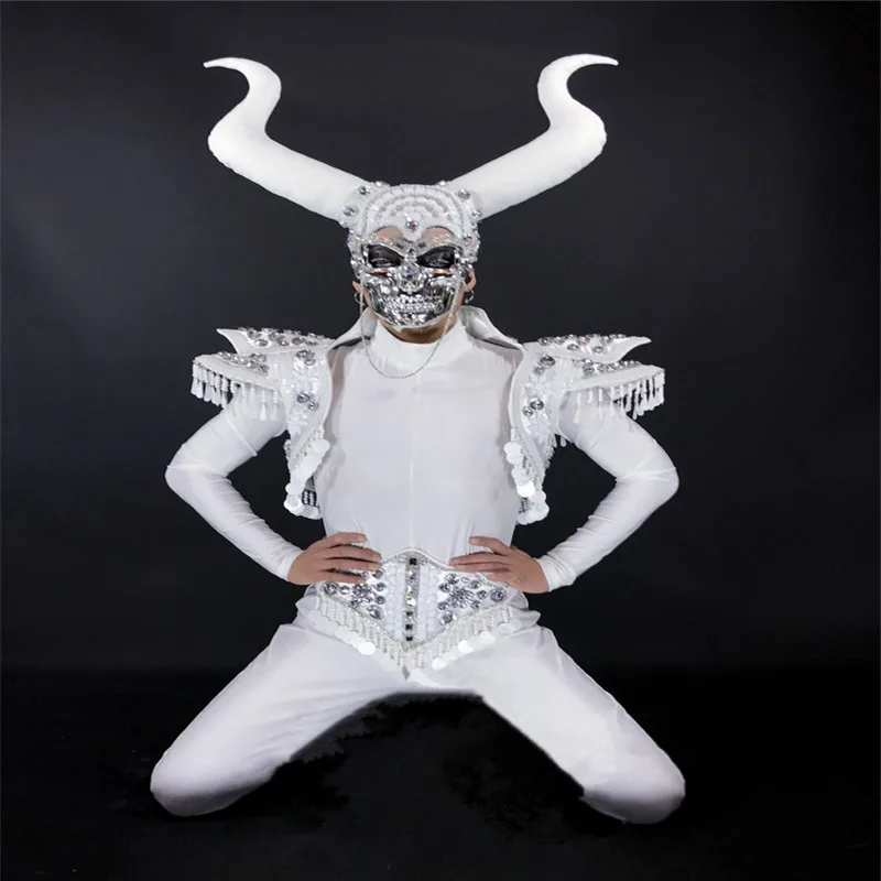 

CC97 Mens ballroom dance costumes dj mask Skull stage show suit armor club singer catwalk models wears Horn clothe performance