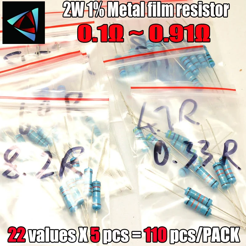 0.1R 0.91R Ом 2 Вт 1% 22valuesX5pcs = 110 шт. DIP металлический пленочный резистор комплект